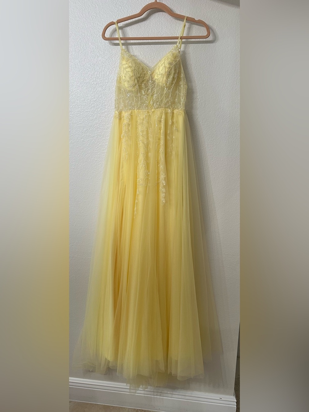 Yellow Tulle Evening Dress with Beaded Detail and Thigh Slit